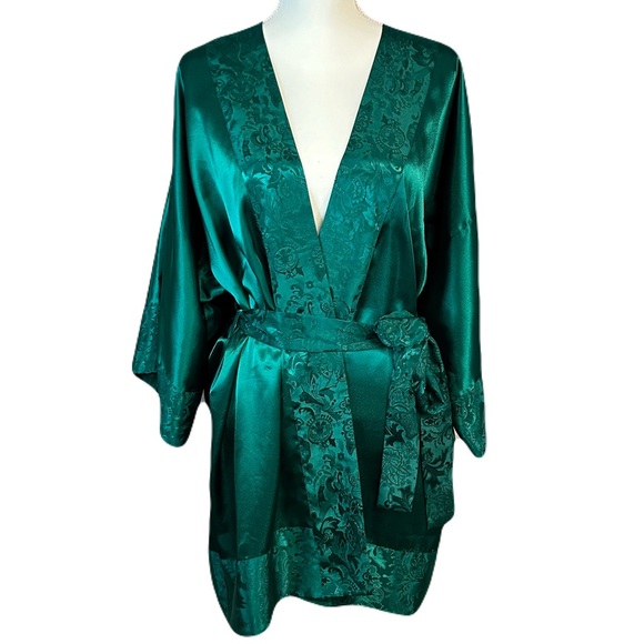 Vintage Victorias Secret Gold Label Kimono Robe O/S Belted Satin Kelly Green 90s - Picture 1 of 9